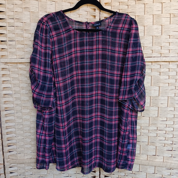 Torrid Sheer Chiffon Pink and Black Plaid Blouse 3/4 Sleeves Ruched - Picture 1 of 12